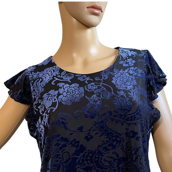 Adrienne Vittadini Mini Dress Black‎ with Blue Velvet Burnout Pattern Size Small - Picture 2 of 11